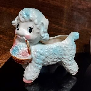 Vintage 1960s Kitsch Lamb holding a basket planter/bowl.